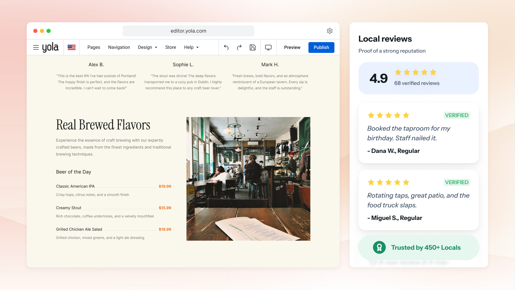 Una galería de fotos de la sala de degustación, la sala de cocción y una degustación de cervezas en la página web de una cervecería, en la pantalla de un portátil.