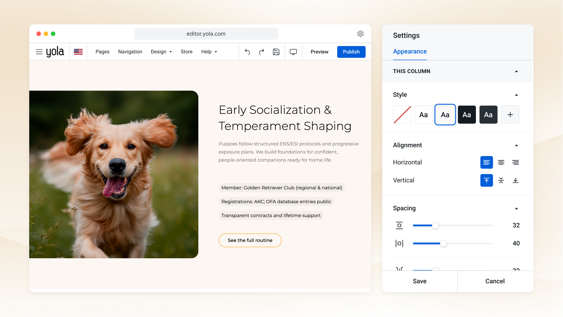 Le créateur de site web IA de Yola génère le brouillon d’une page d’accueil d’élevage canin à partir de quelques réponses.