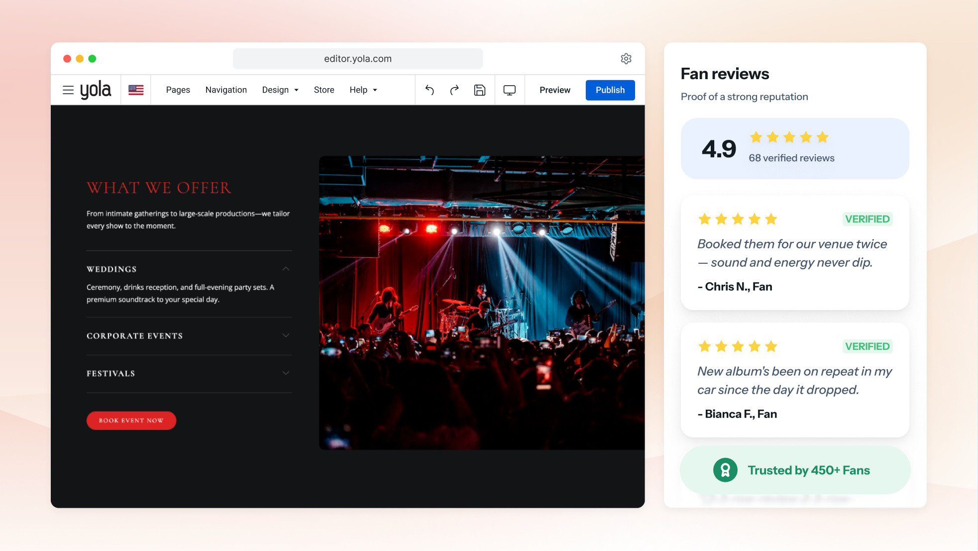 Une grille de photos live sur le site d’un groupe, avec une vidéo intégrée en lecture au-dessus.