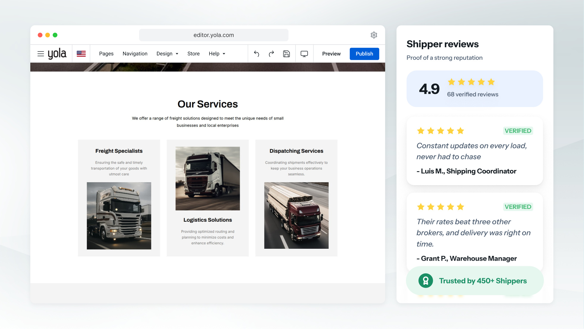 Il sito web di un intermediario di trasporti con una mappa delle tratte, un elenco della copertura per tipo di mezzo e la referenza di un committente con nome.